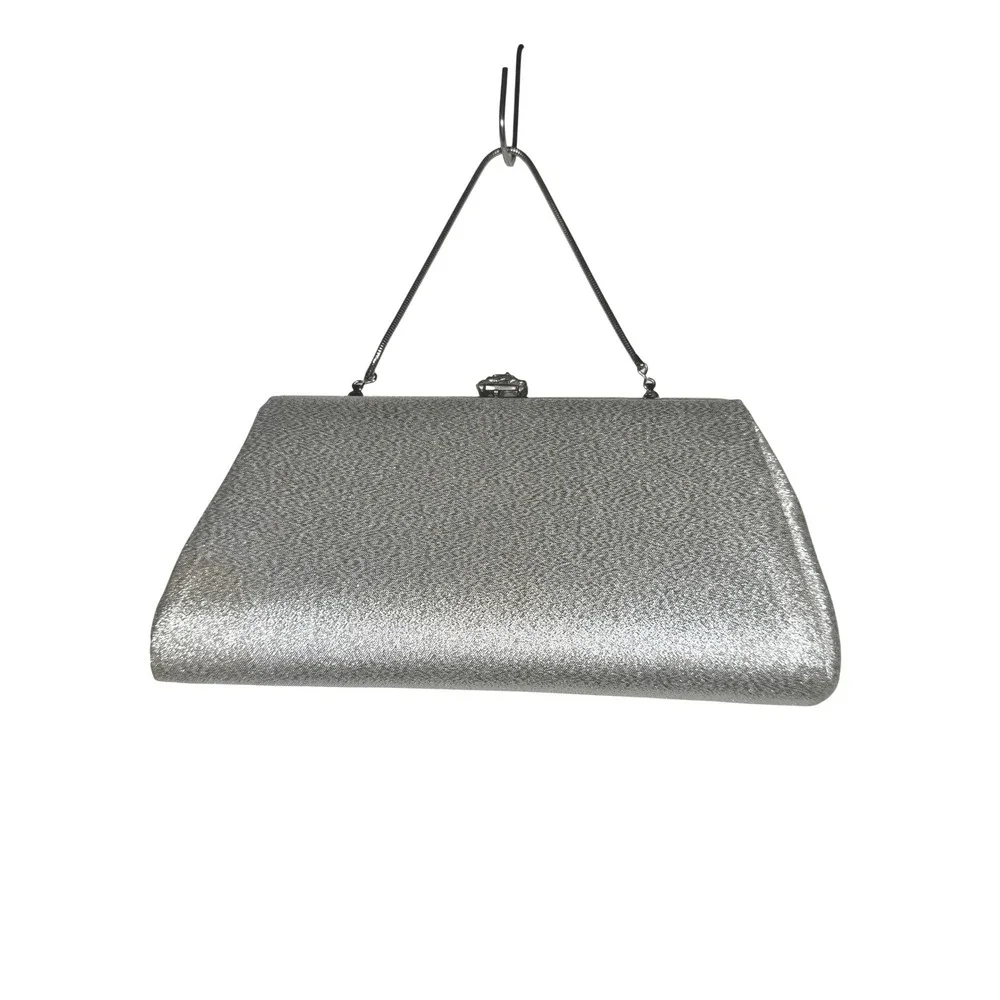 Sparkly Silver Evening Clutch Bag Rose Clasp Chain Strap Vintage retro‎